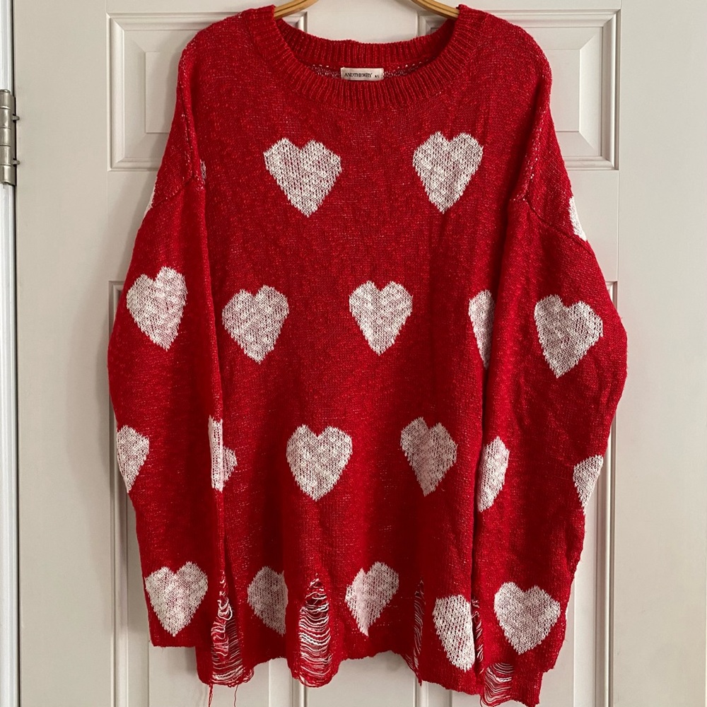 Andthewhy Hearts Amy Crewneck Sweater Distressed Red White Grunge Valentine’s